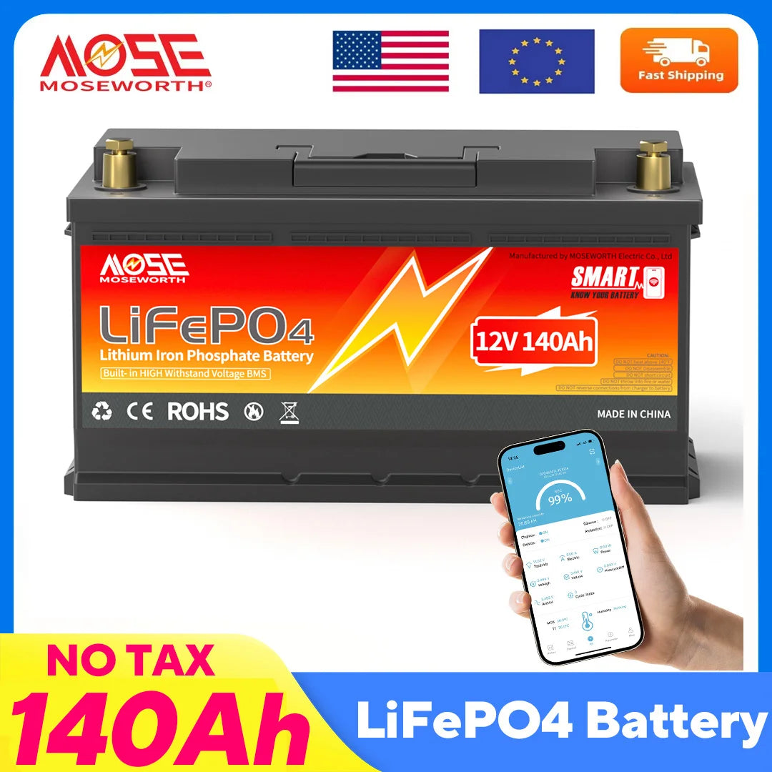 MOSEWORTH 12V 140Ah LiFePO4 Lithium Battery Built-in 100A Smart BMS Deep Cycle LiFePO4 Battery 1792Wh for Trolling Motor RV