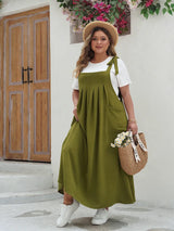 GIBSIE Plus Size Solid Tie Shoulder Overalls Dress For Women 2026 Summer Casual Loose Sleeveless Maxi Long Dresses with Pockets