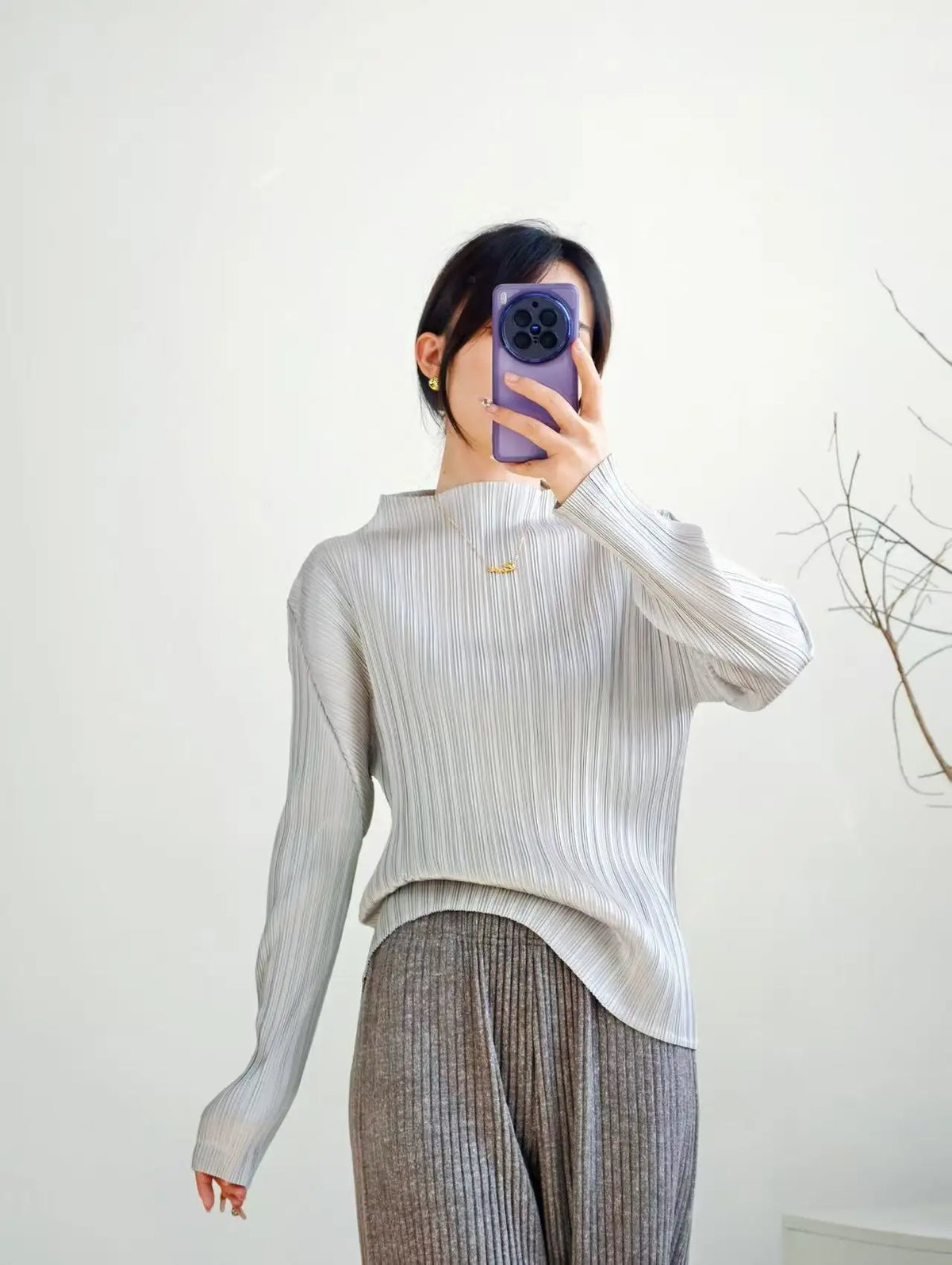 Miyake Pleated Turtle Neck Long Sleeve Top Stylish Black Lightweight Wrinkle Resistant Women's Casual Simple Fashion Shirt