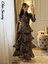 Elegant Floral Women's Cake Dress Bell-Bottomed Sleeve Stand Collar Waist-Closed Lady Dresses 2026 Spring Summer Female Robe