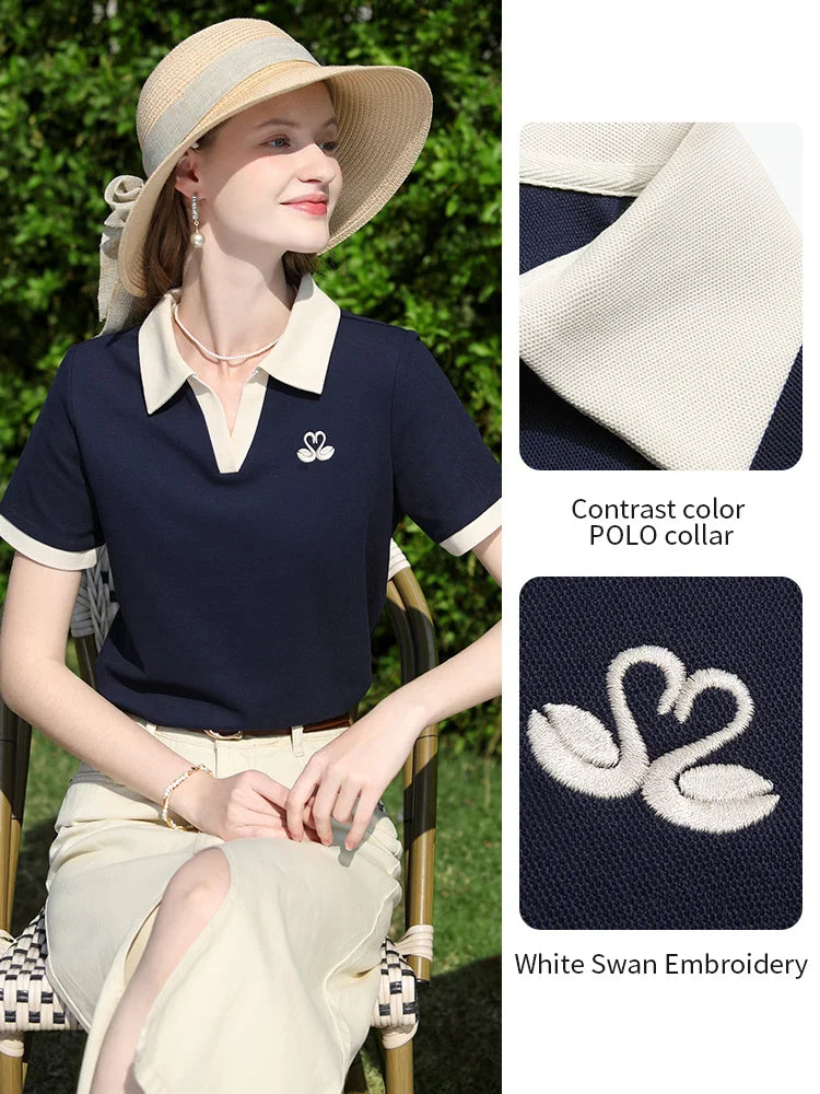 I BELIEVE YOU Blue Contrasting Polo Collar Breathable T-shirt Top Summer 2025 V-neck White Swan Embroidery Casual Tee 2252015970