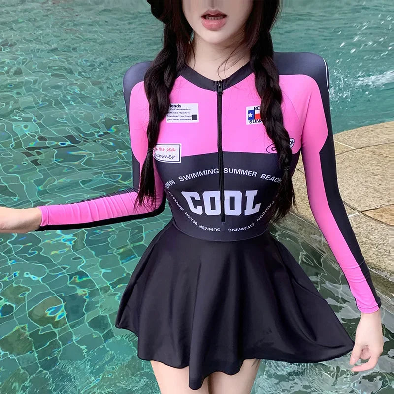 Racing Style Swimsuit Sexy Short Skirt Sweet Cool Spicy Girl Long Sleeved Conservative Belly Covering Surfing Vacation Swimwear