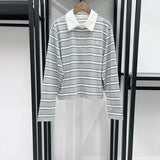 Lace Splice Turn-Down Collar Women's Stripes Long Sleeve T-Shirt Autumn and Winter Female Pullover Tee Top