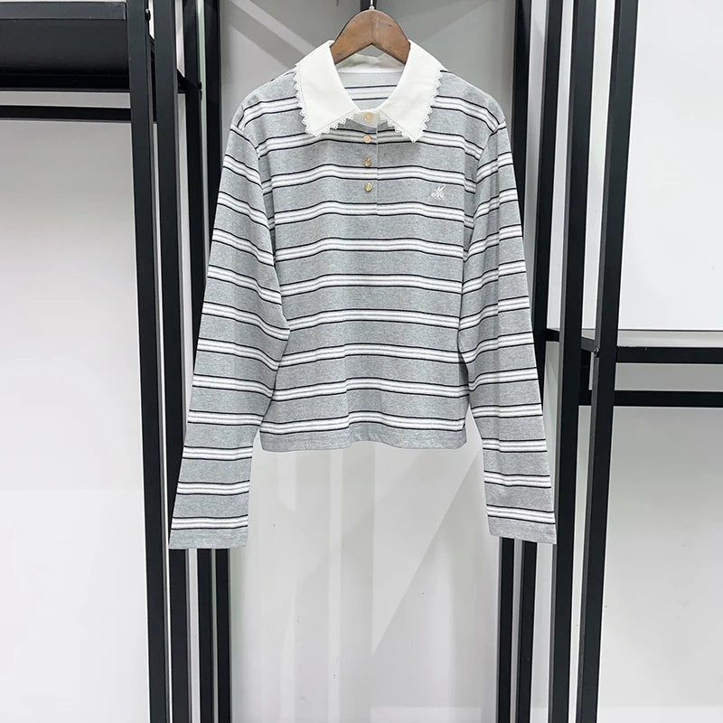 Lace Splice Turn-Down Collar Women's Stripes Long Sleeve T-Shirt Autumn and Winter Female Pullover Tee Top