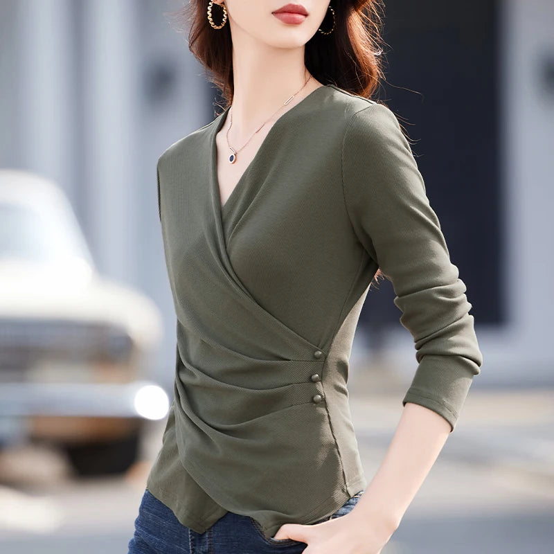 European gray long sleeved T-shirt for women's autumn new high-end fashion plus size irregular V-neck casual top