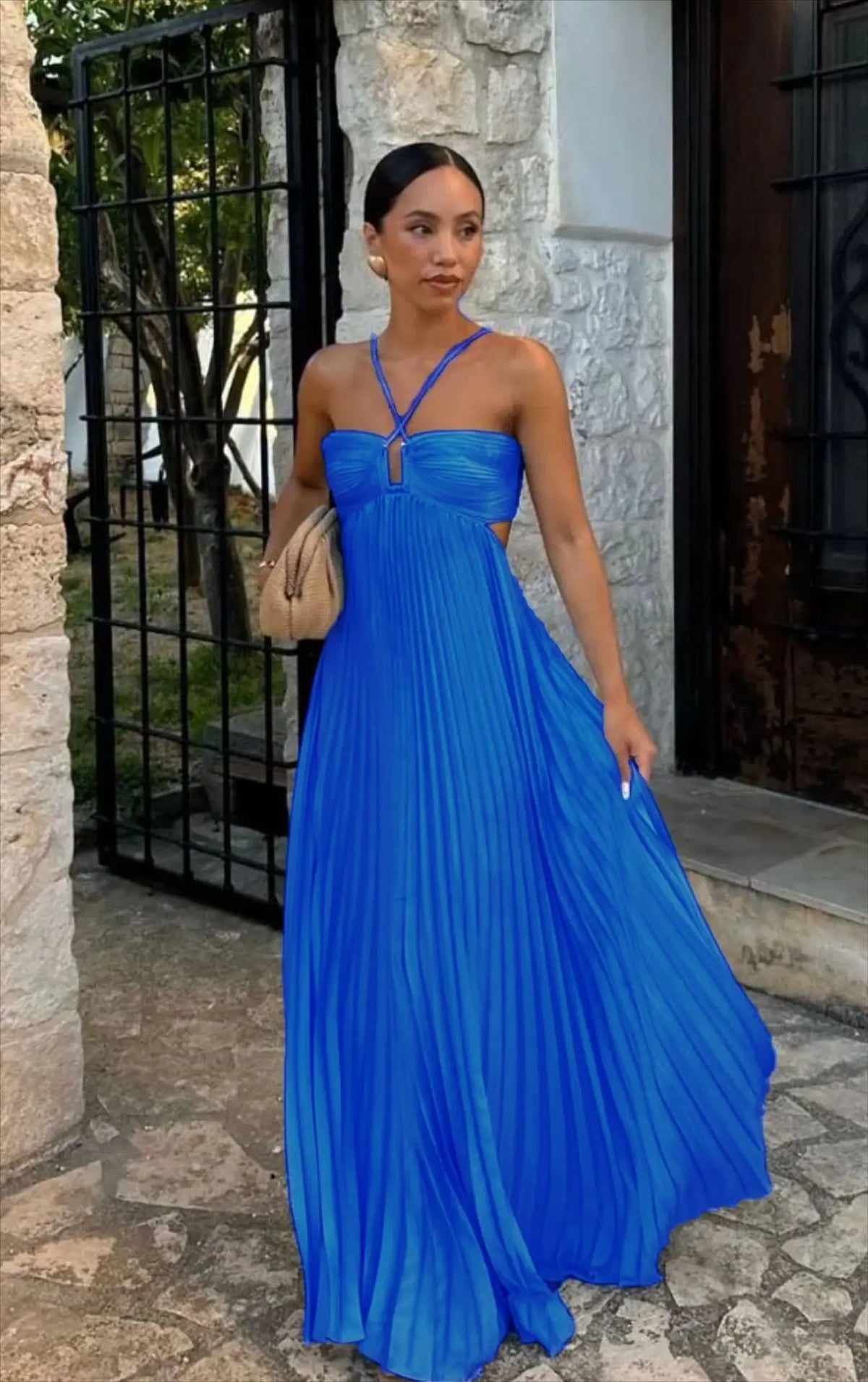 Blue Pleated Halter Long Dress Women's Solid Sleeveless Backless Lace-up Maxi Dress Summer Beach Vacation Evening Party Vestidos
