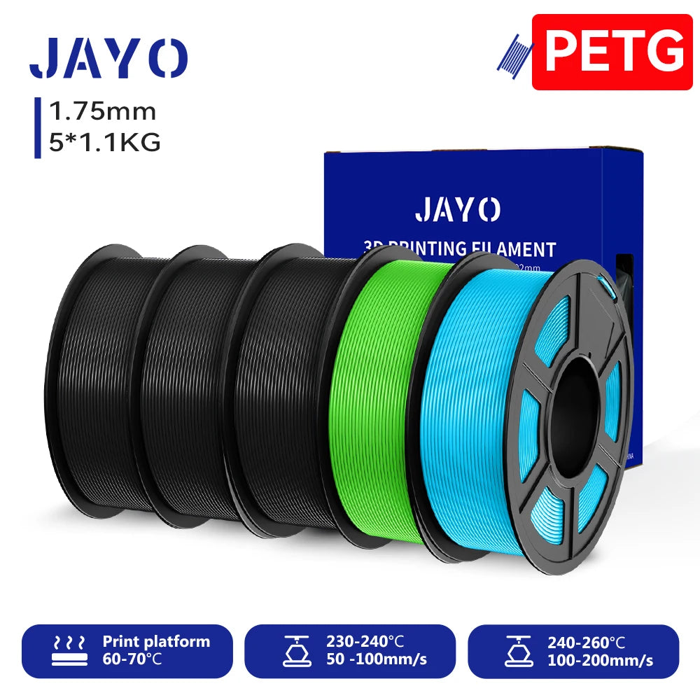 JAYO 3D PETG/PLA/PLA PLUS Filament 1.75mm PLA Filament 5 Rolls For Bambu FDM 3D Printer Neatly Wound 3D Printing Material for 3d