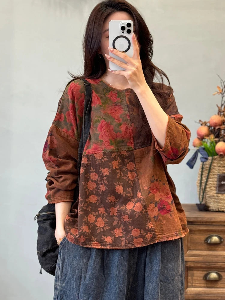Amax LuluE Chinese Womens Spring Fashion Floral Vintage T-shirts Ladies Loose Casual O Neck Clothes Classic Printed Cotton Tops