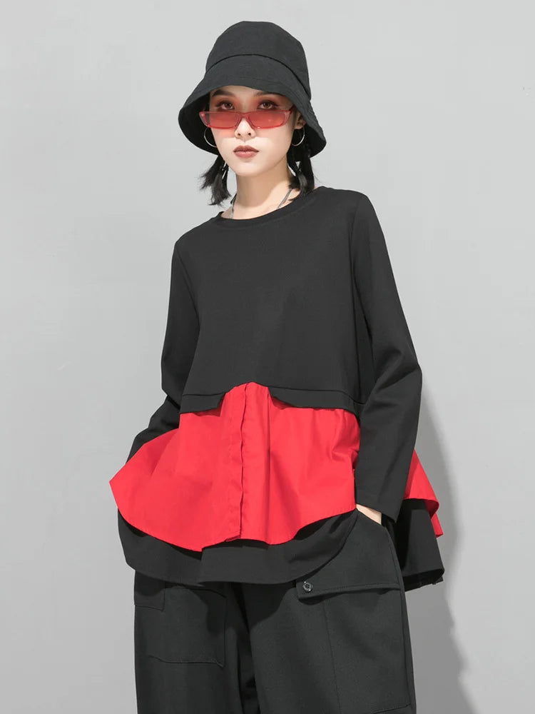 EAM Women Ruffles Hem Big Size Irregular Red T-shirt New Round Neck Long Sleeve Fashion Tide Autumn 2026 1DF1494