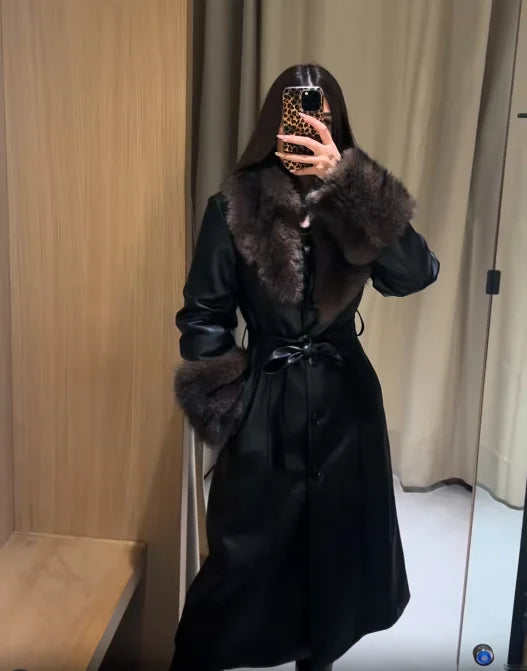 Women Long Coat Faux Fur Collar Cuffs Belted Waist Elegant Winter Outerwear Single Breasted Maxi Overcoat For Women Streetwear