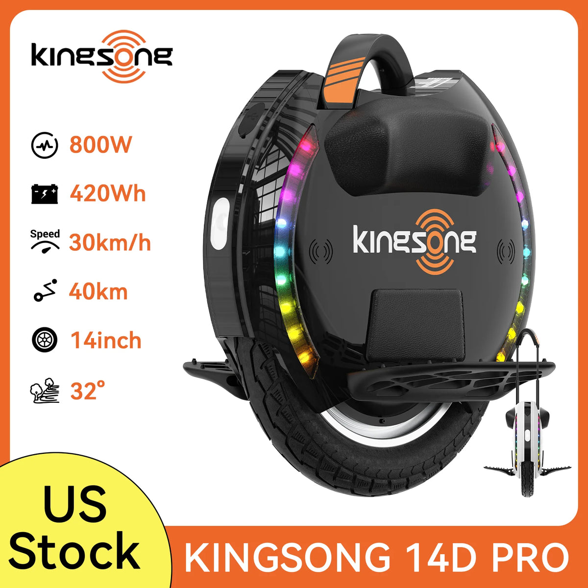 Kingsong 14D Pro Electric Unicycle: Built for Adults, 2400W Motor, 25-Mile Range & 14" Wheel for a Precision City Ride
