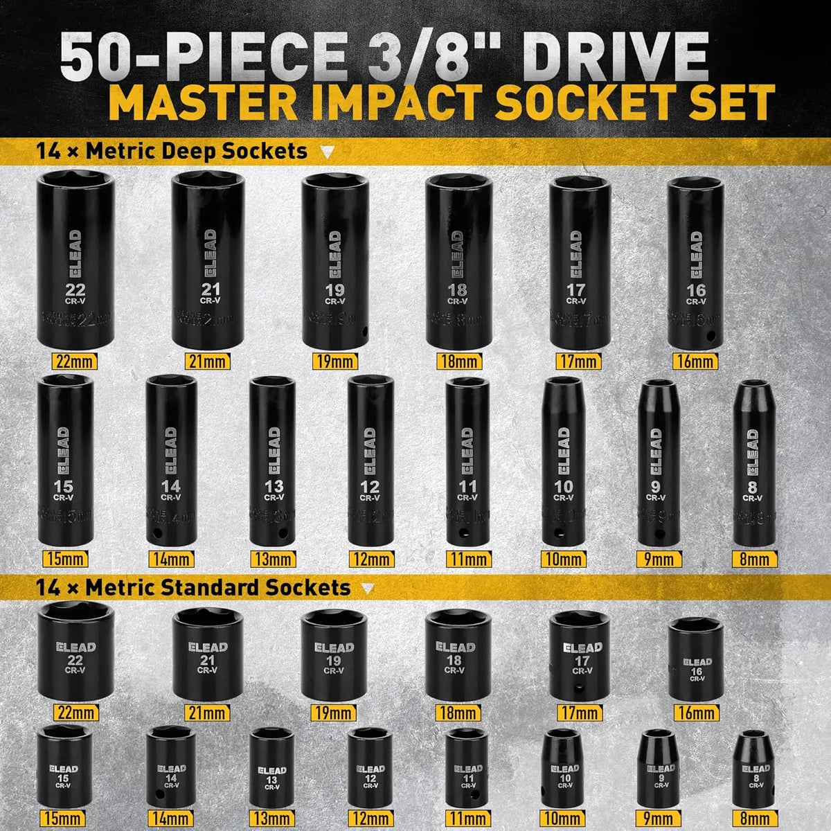 ELEAD 50PCS 3/8'' Drive Impact Socket Set Shallow & Deep Socket Set Metric and Standard Full with Universal Joint Extension Bar