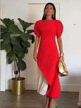 Asymmetric Hem Puff Sleeve Midi Dress Solid Boat Neck Slim Fit 2026 Summer Chic Elegant Party Women Evening Office Evening Gown