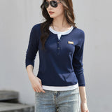 Deep Blue Long Sleeved T-Shirt for Women's Autumn New High-End Cotton Fashion Plus Size V-Neck Fake Two Piece Casual Top