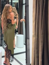 Chic Lace Patchwork Satin Camisole Dress Sleeveless See Through Irregular Hem Dresses 2026 New Party Daily Outdoor Casual Attire