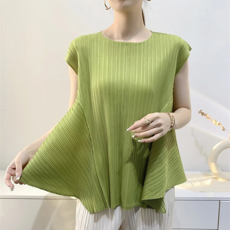 Pleated T-Shirt Summer New Simple Fashion Irregular Sleeveless Loose Casual Round Neck Women's Lightweight Stretch Top