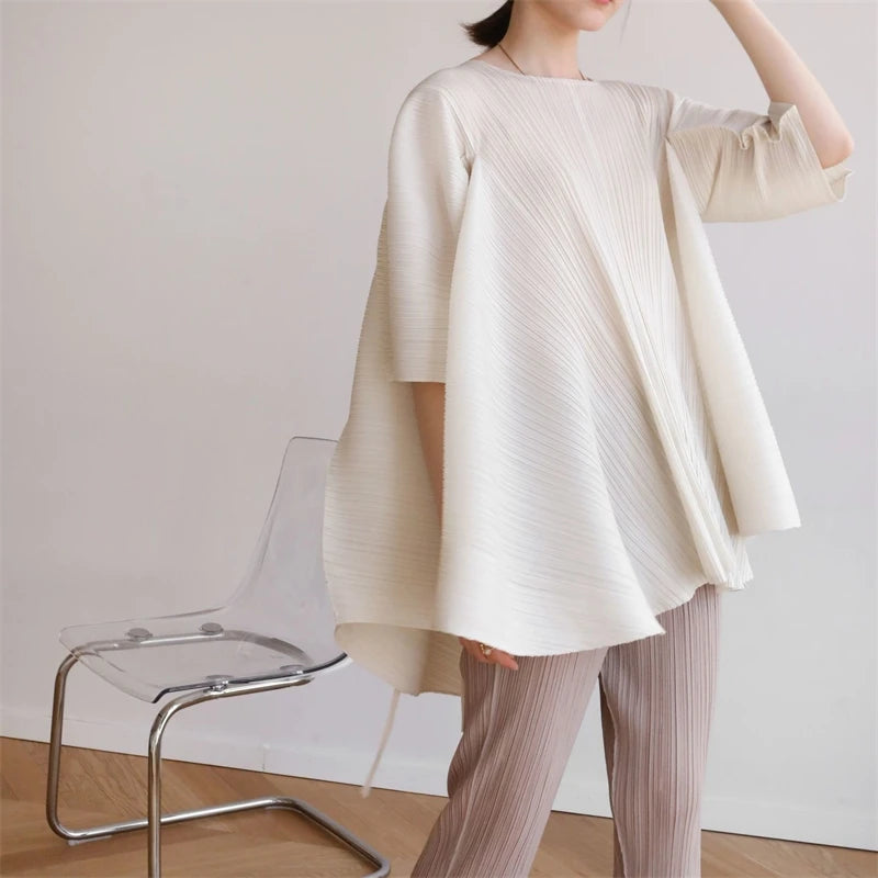 LANMREM Chic Summer New Pleated Women's T-shirt Loose-fitting Back Drawstring Design Irregular Mid Length Pullover Tops 2DB7256
