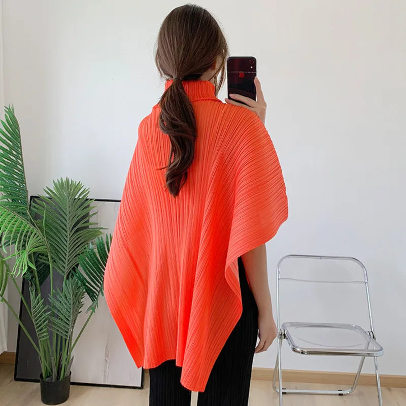 LANMREM Pleated Turtleneck Short Sleeves Women's Printing Long T-shirt Loose Casual Shawl Top Summer New Female Fashion 2DB8242
