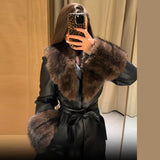 Women Long Coat Faux Fur Collar Cuffs Belted Waist Elegant Winter Outerwear Single Breasted Maxi Overcoat For Women Streetwear