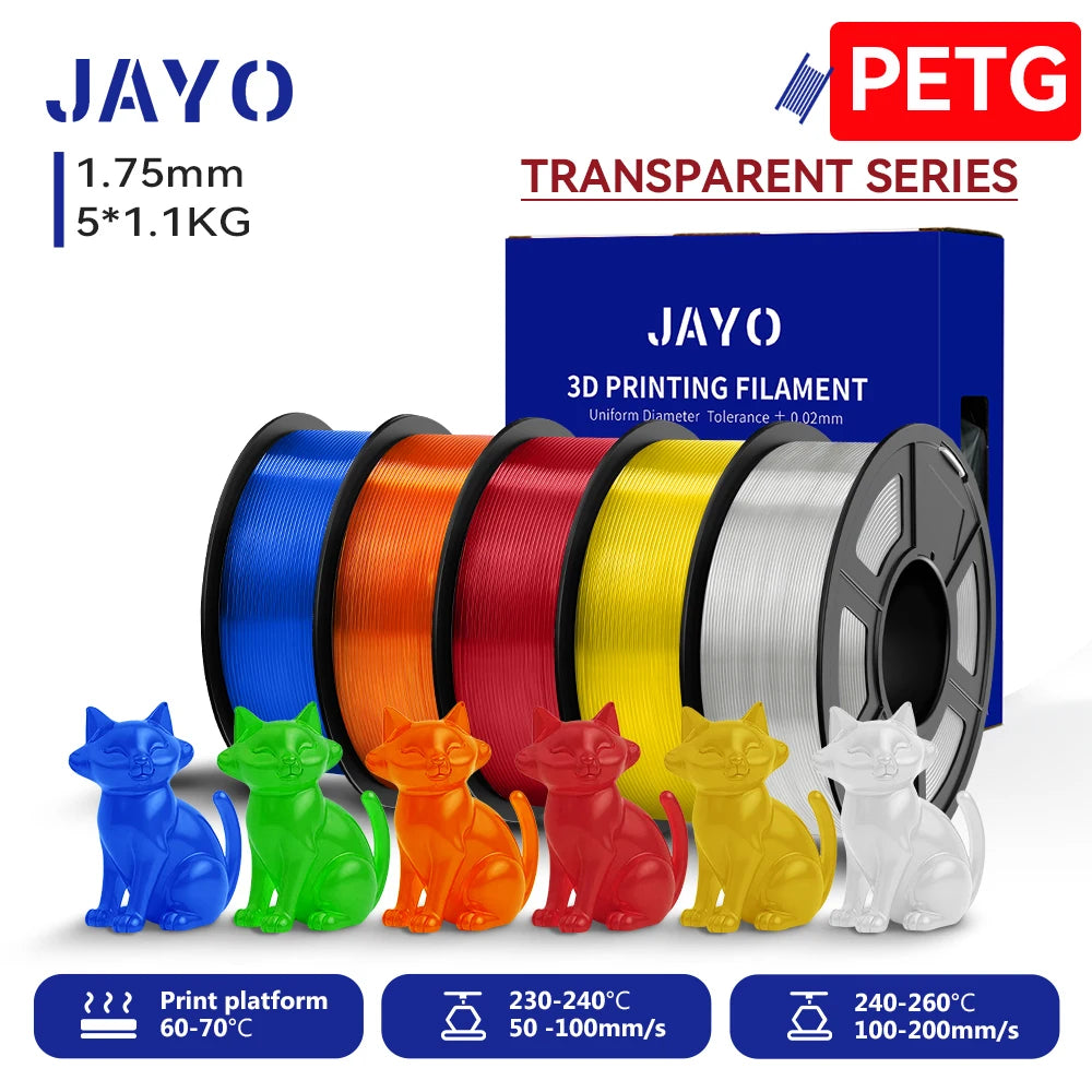 JAYO 3D PETG/PLA/PLA PLUS Filament 1.75mm PLA Filament 5 Rolls For Bambu FDM 3D Printer Neatly Wound 3D Printing Material for 3d