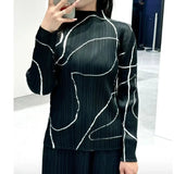 Miyake Pleated Classic High Quality Top Line Print Designer Half Turtle Neck Long Sleeve Pleated T-Shirt