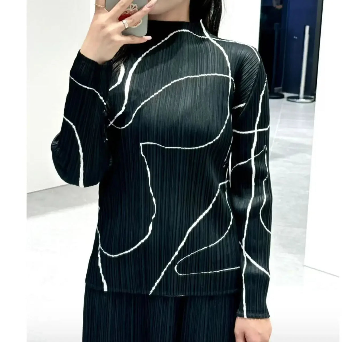 Miyake Pleated Classic High Quality Top Line Print Designer Half Turtle Neck Long Sleeve Pleated T-Shirt