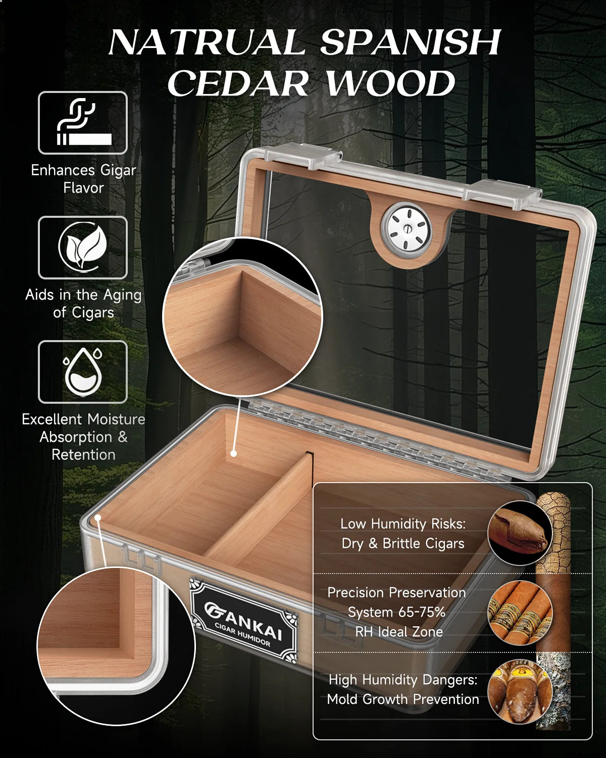 Humidor Cigar Box, with Straight Cutter Guillotine, V Cut, Puncher, Glass Top Case, Cedar Wood Lining, Humidifier Hygrometer