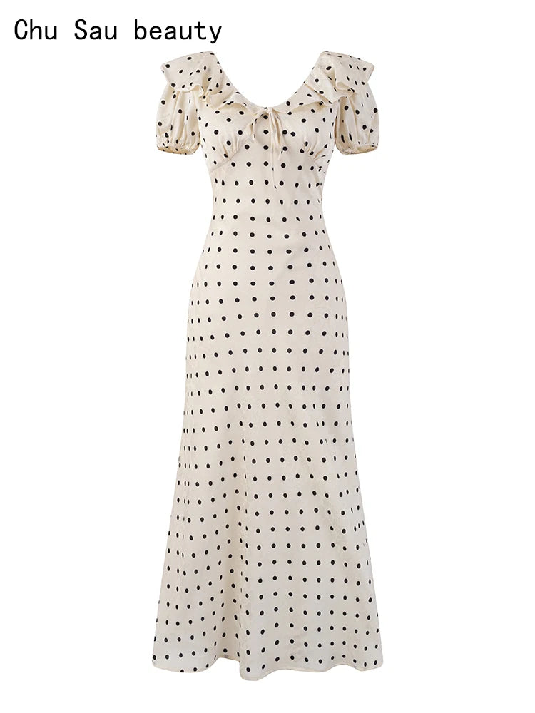 Chu Sau beauty Women New Fashion Sweet Polka Dot Print Chic Ruffles Midi Dress French V-Neck Puff Sleeve Vintage Party Dresses