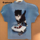 Sexy Vintage Coquette Slim Fit Clubwear Casual Folds Knitted Tees Top Women Hotsweet Cat Print Sheath Street Turtleneck T-shirt