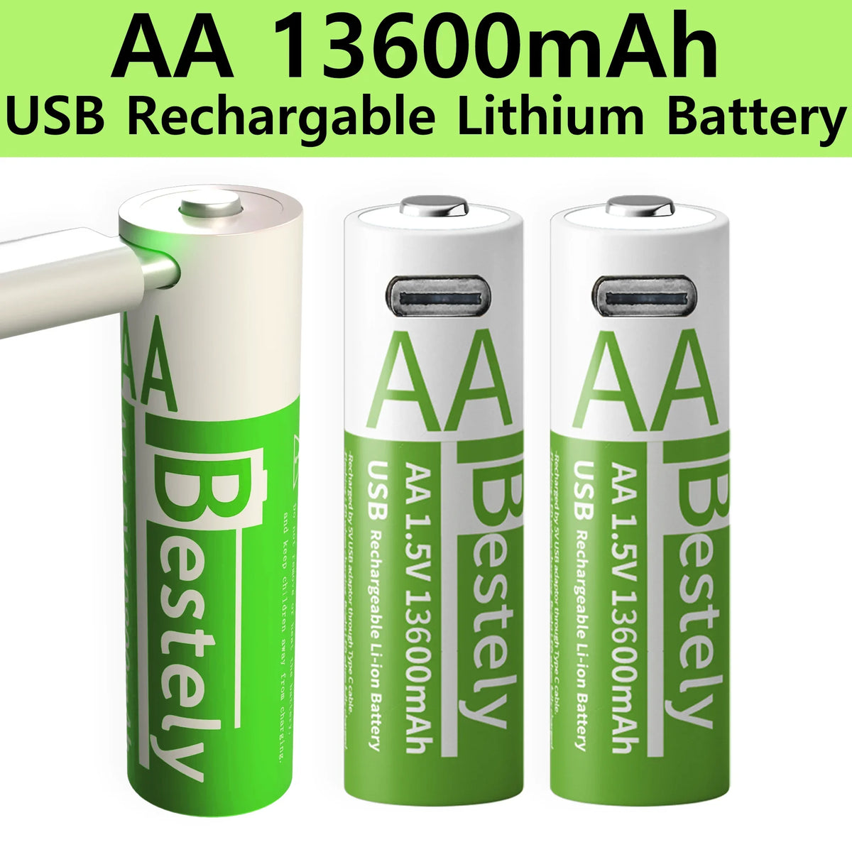 Bestely AA Rechargeable Lithium Battery 1.5V 13600mAh Fast Charging Long Lasting Li-ion Batteries 2000 Cycle with USB- C Cables
