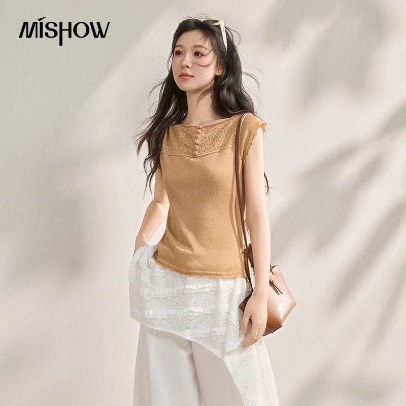 MISHOW Cool Linen Flying Sleeve Knitted Lapel T-shirt 2026 Summer Casual Style Tees Hollow-out Hook Flower Design Top MXF16Z3033