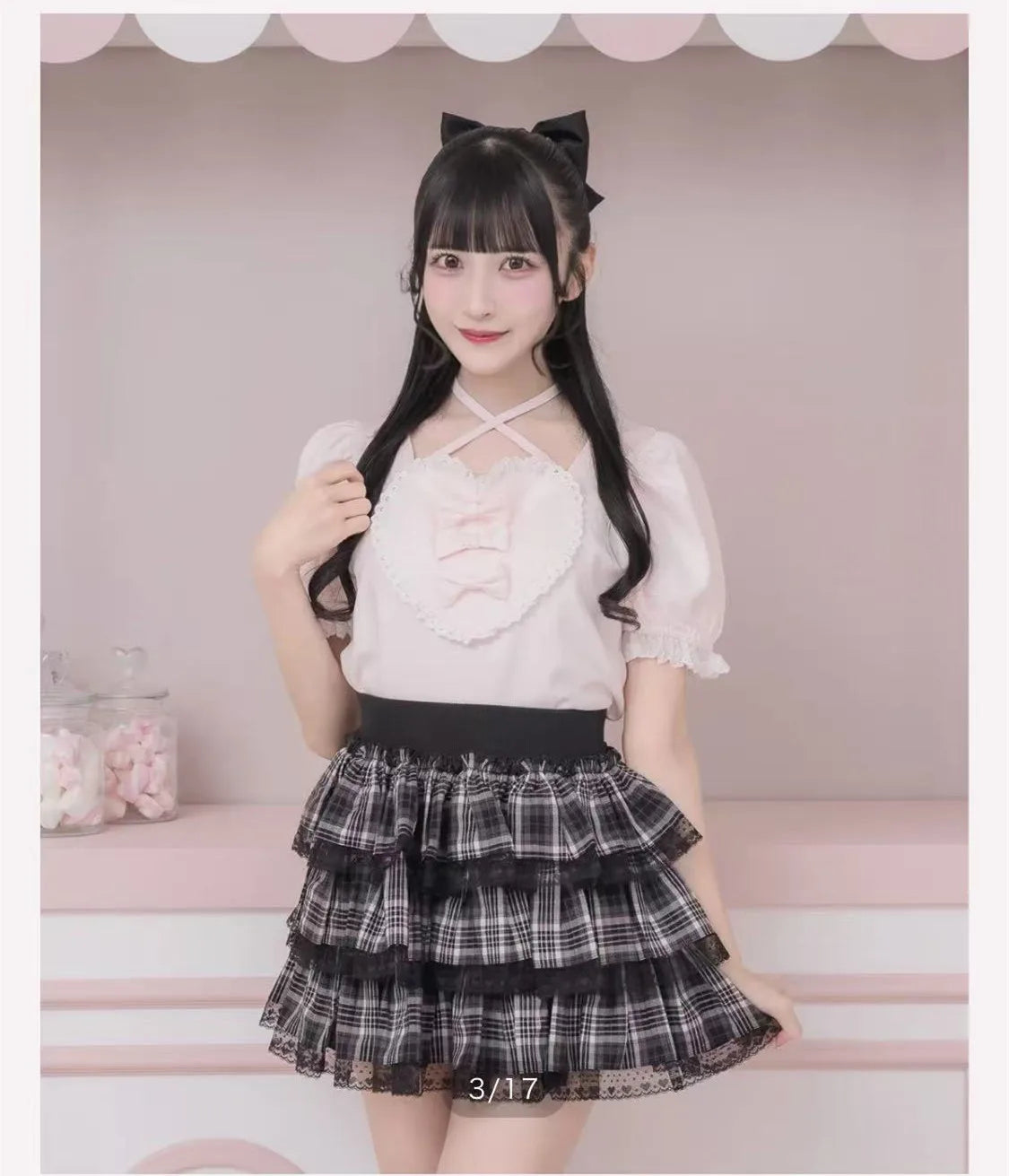 Japanese Sweet Cute Embroidered Lace Heart Bow Lace-up Halter Neck Collar Puff Sleeve Versatile Casual T-shirt Top Women Summer