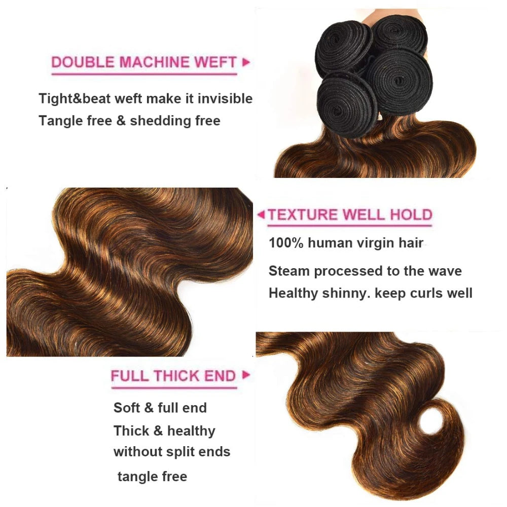 Unice FB30 Balayage Highlight Body Wave Human Hair Bundles 3PCS Deal 100% Human Hair Ombre Brown Colored Bundles Sew In Weaves