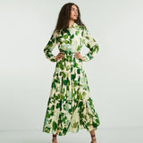 CHCH Women's Dress 2025 Spring New Long Sleeve Collar Green Flower Vacation