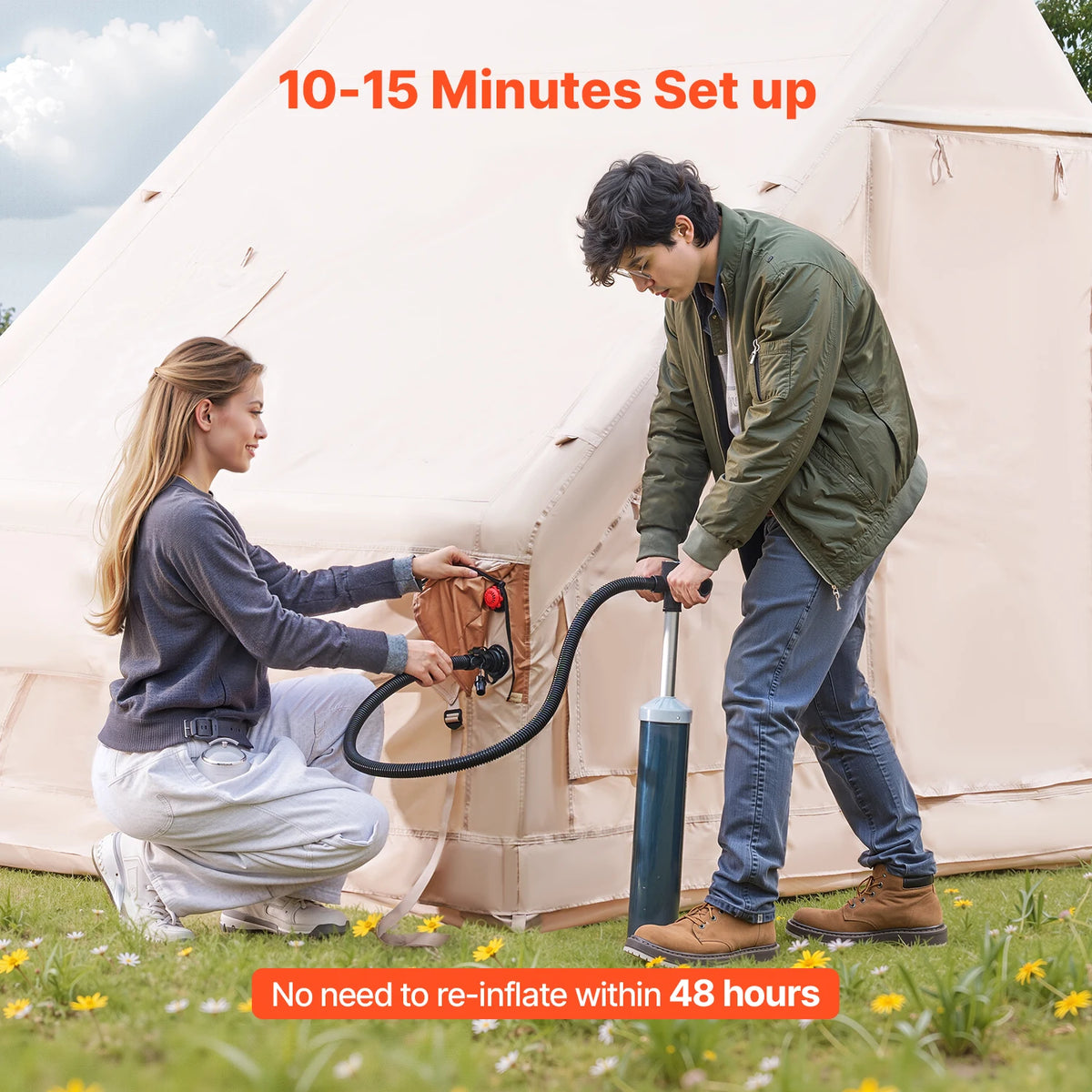 SucceBuy Inflatable Tents for Camp Easy Setup Blow up Tent with Hand Pump 300D Oxford Tent with Stove Jack Storage Bag Included