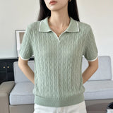 WinvyNee Spring Summer Women Cotton Polo V Collar Sweater Knitted Top Green Solid Short Sleeve Casual Pullover T-Shirt ZA1002042