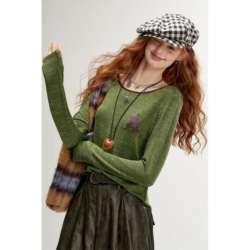 ELFSACK Women's Striped Ringer T-Shirt with Star Print, Casual Long Sleeve Graphic Top for Everyday Wear