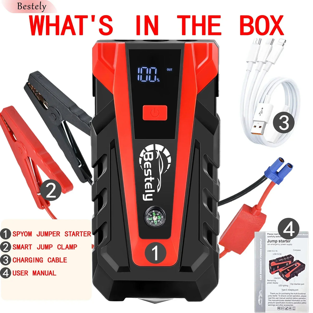 Bestely 12V 99800mAh 3000A Car Jump Starter Car Battery Starters Portable Power Bank 12V Starting Device Petrol Diesel Car
