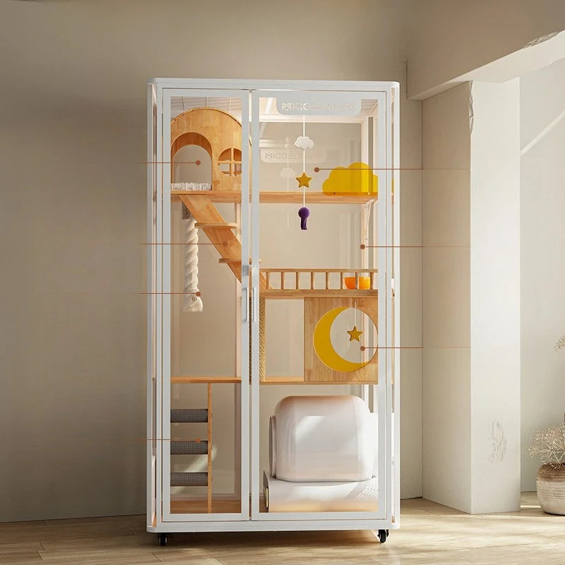 Solid wood luxury can put smart cat toilet integrated cat cage nest  panoramic view