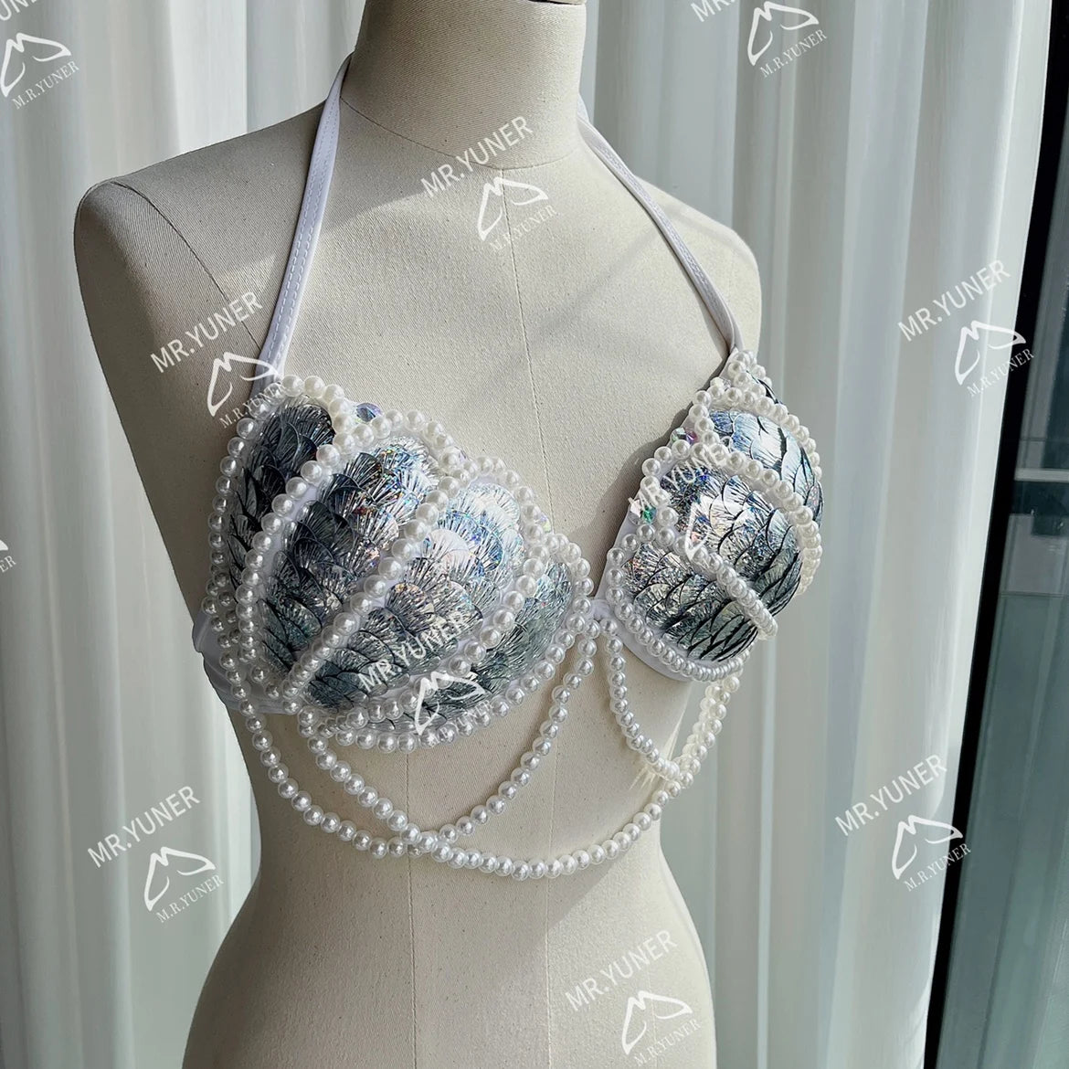Bikini Mermaid Role Play Bra Aquarium Beach Corset Sequin Triangle Lace Up Bra Mermaid Performance Bra