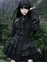 Aoaiiys Mini Dress Women Black Gothic Lace Spliced Dresses Y2K Japanese Streetwear Lolita Dresses Spicy Girls Fall Clothes New
