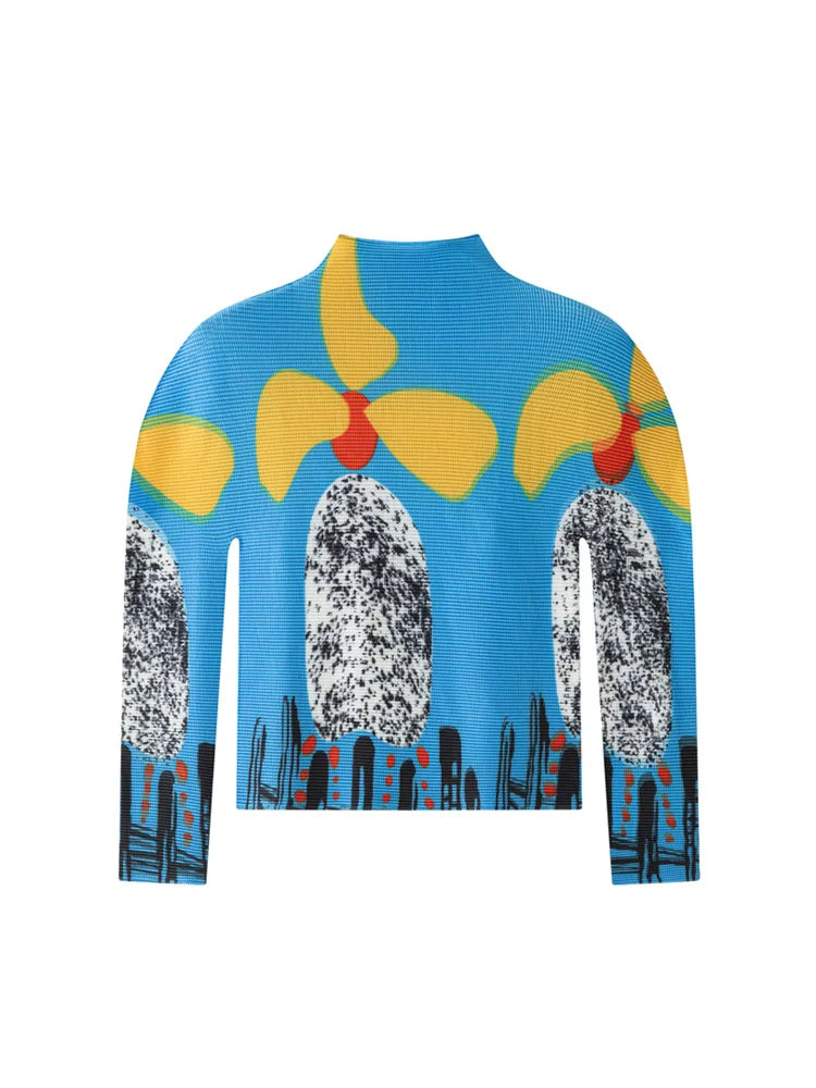 Miyake Pleated T-Shirt Plisse Unique Printed Long-Sleeve Pleats Top Spring/Summer 2026 Slightly High-Necked Fitted Fold T-Shirt