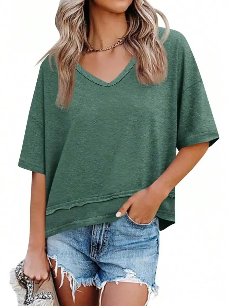 Womens Summer V-Neck Loose Short Sleeve Flowy T-Shirt Casual Basic Top