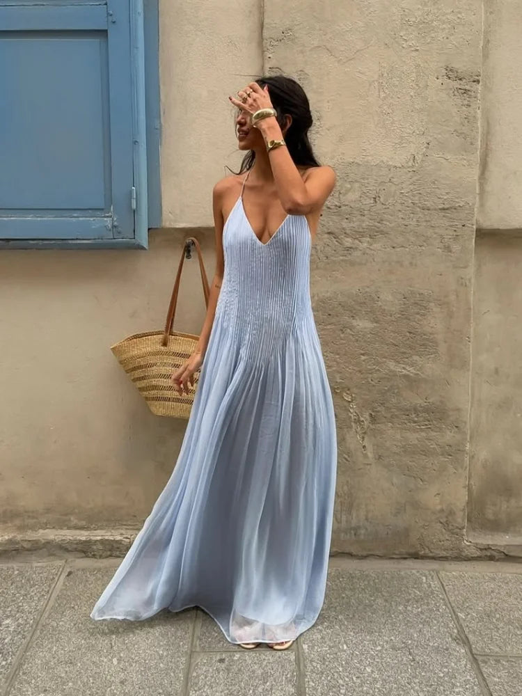 Sexy Women's Solid Color Pleated Long Dress Elegant Sleeveless Suspender Backless Slim Fit Dresses Beach Party Women's Robe