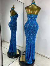 Women Luxury Prom Gowns Blue Sparkly Rhinestones Sequines Halter Backless Maxi Long Birthday Evening Club Party Dresses