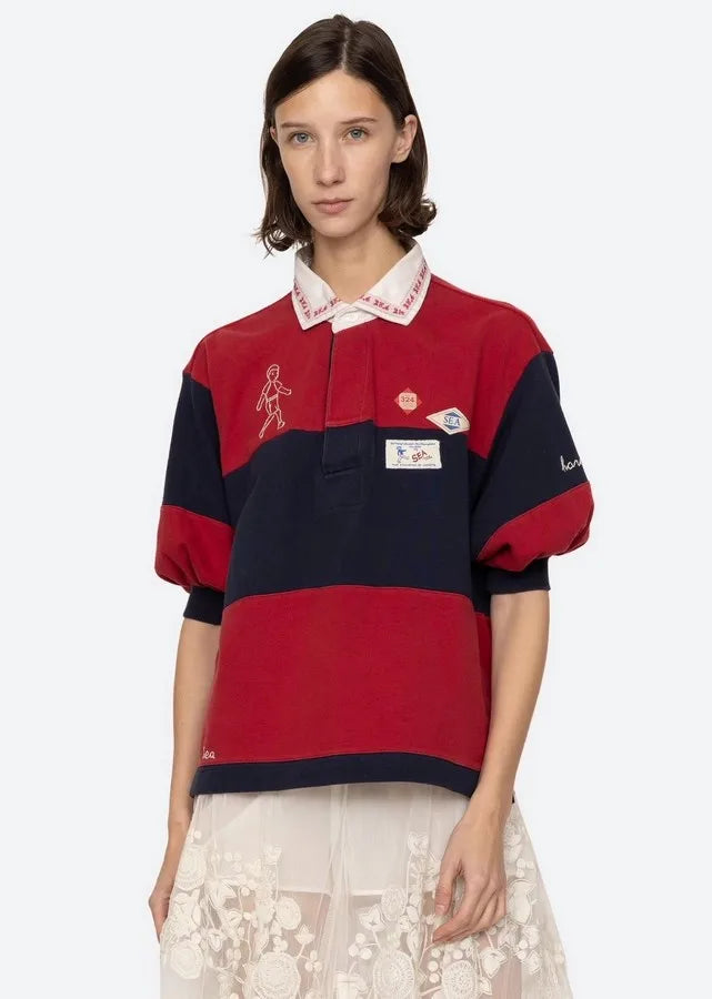 navy red striped Embroidered T-shirt women turn down collar half sleeve casual autumn Tshirt female new