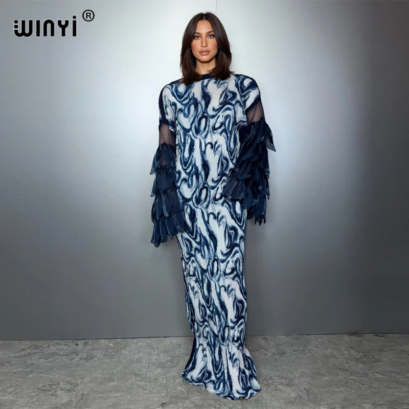 WINYI Elastic Slim Pleated Dress Beach Wear Holiday Kaftan Abaya Dubai Luxury Party Dress Long Down Muslim Woman Evening Dress