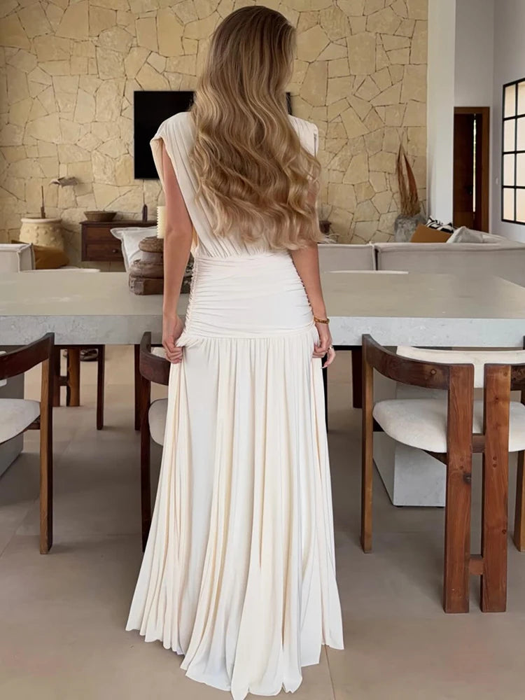 Mozision Elegant Deep V Neck Sexy Maxi Dress Women Fashion Sleeveless Draped Ruched Waist Bodycon Club Party Long Dresses Female