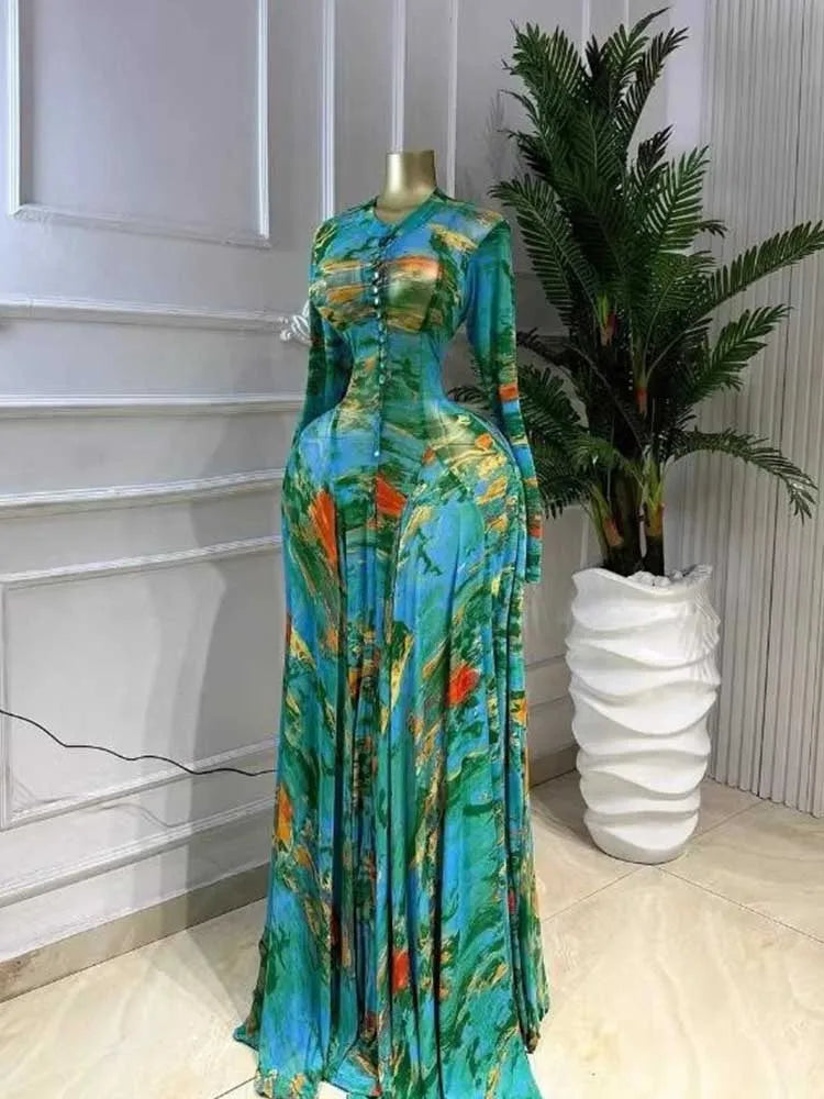 Long Maxi Dresses for Curvy Women Round Neck Spring Summer Dress Waist Slimming Floral Print Elegant Green Party Dresses Pleated