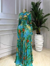 Long Maxi Dresses for Curvy Women Round Neck Spring Summer Dress Waist Slimming Floral Print Elegant Green Party Dresses Pleated